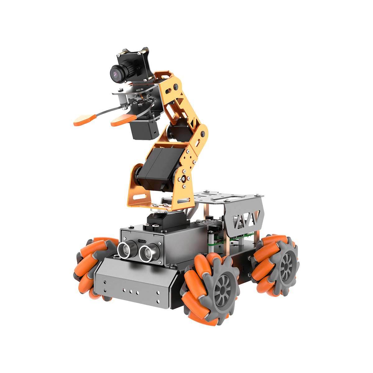 A MasterPi Hiwonder AI Vision Robot Arm with Mecanum Wheels Car, featuring a gray body with orange wheels and black servo motors, equipped with a camera for AI applications. A MasterPi Hiwonder AI Vision Robot Arm with Mecanum Wheels Car, featuring a gray body with orange wheels and black servo motors, equipped with a camera for AI applications.